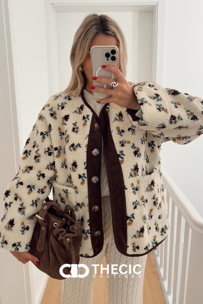 Floral Fleece Corduroy Button Jacket