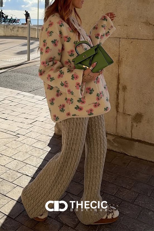 Floral Fleece Corduroy Button Jacket