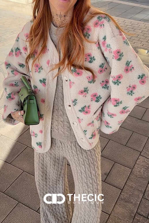 Floral Fleece Corduroy Button Jacket