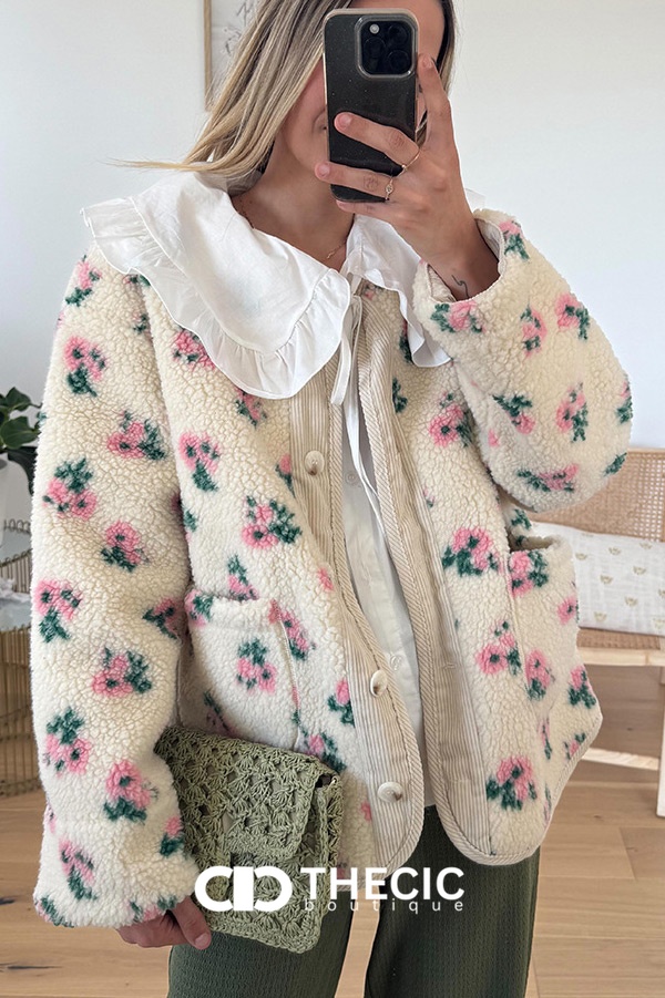 Floral Fleece Corduroy Button Jacket