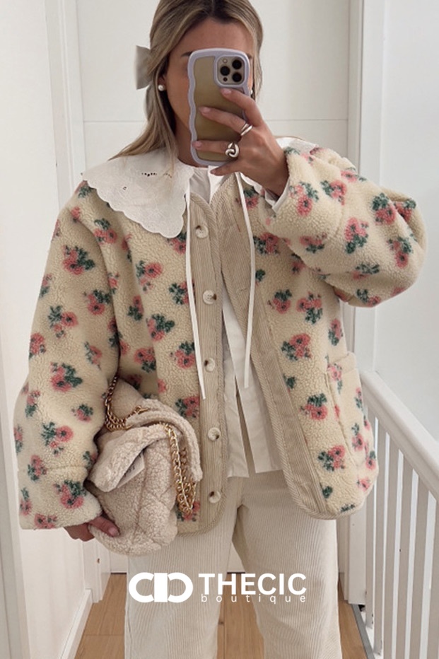 Floral Fleece Corduroy Button Jacket