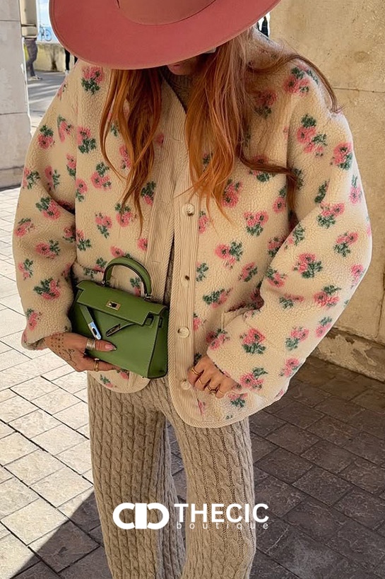 Floral Fleece Corduroy Button Jacket