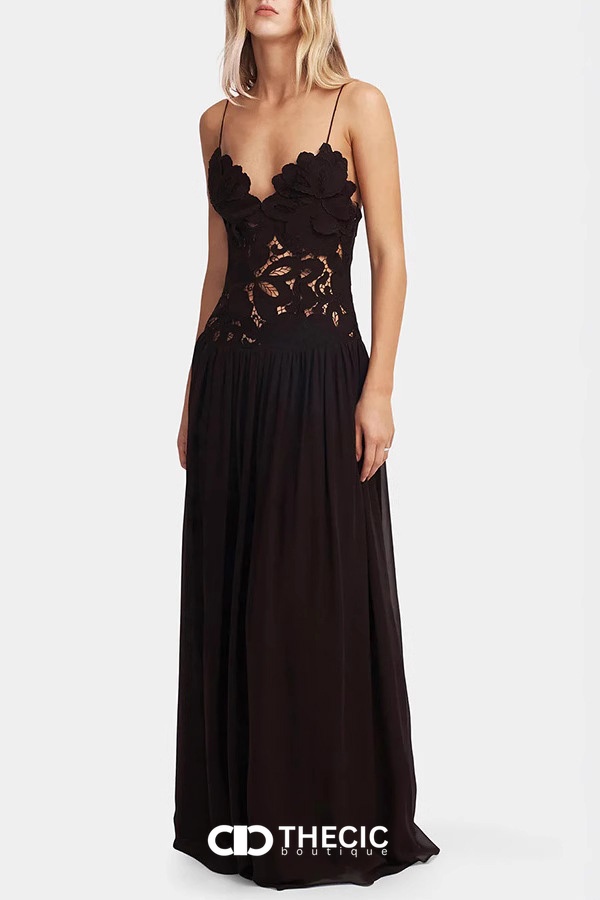 Floral Lace Bodice Spaghetti Strap Maxi Dress