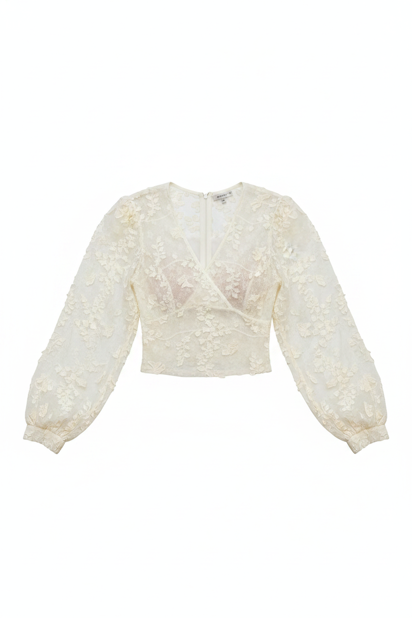 Floral Lace Wrap V-Neck Puff Sleeve Top