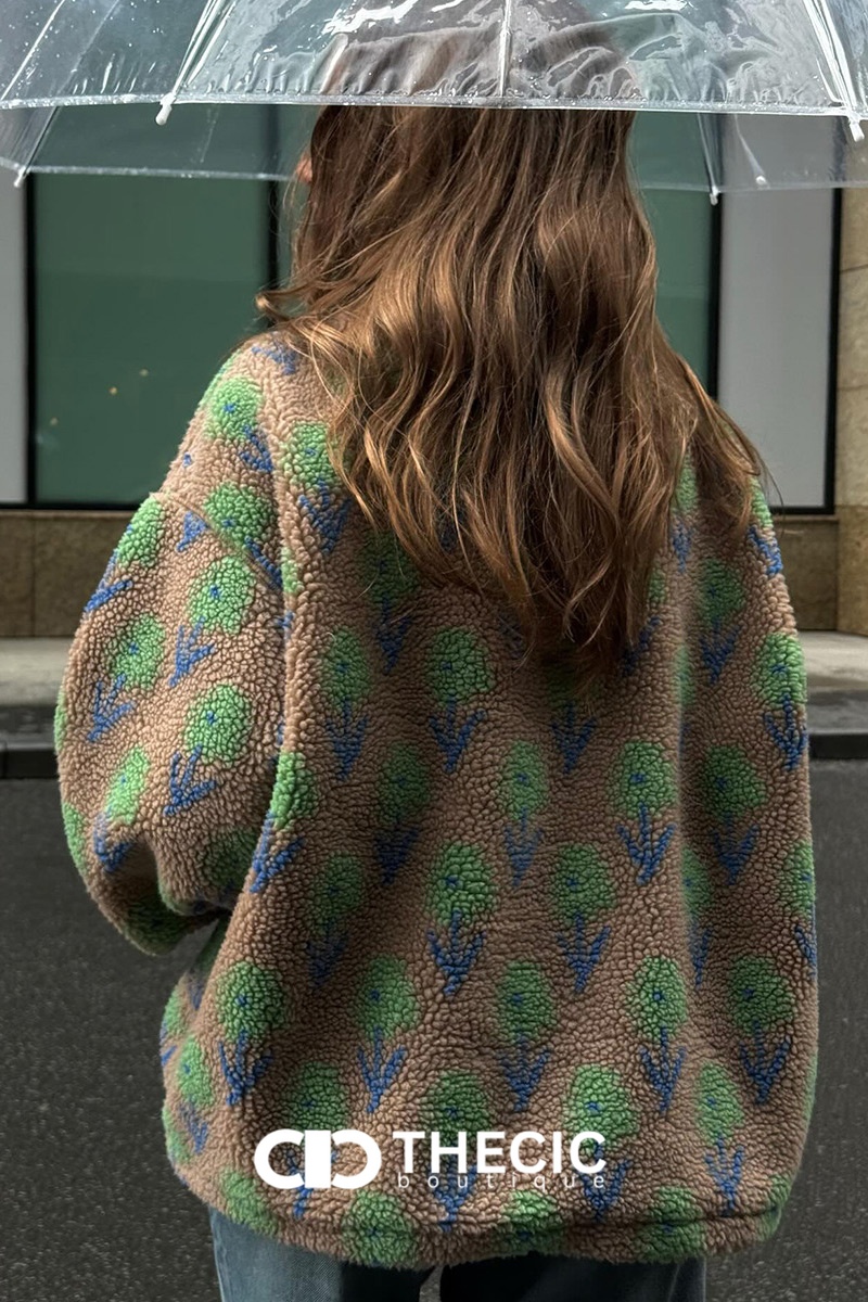 Floral Pattern Half-Zip Fleece Pullover