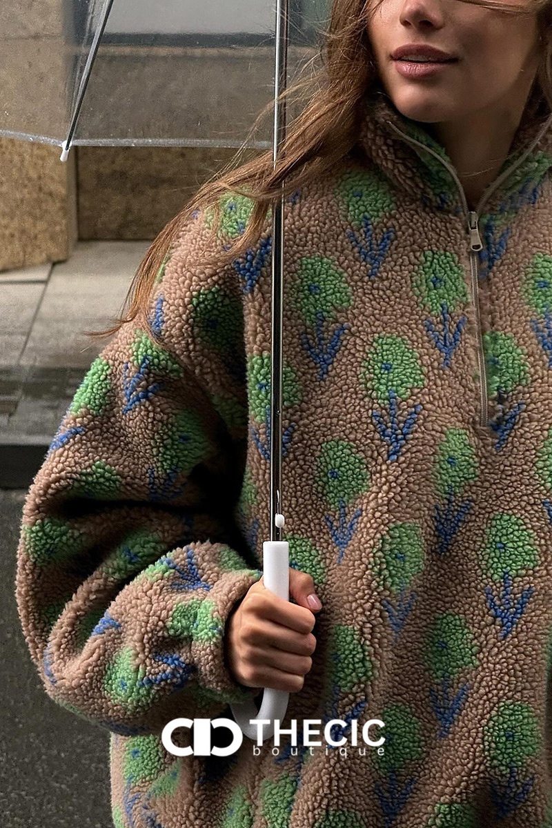 Floral Pattern Half-Zip Fleece Pullover