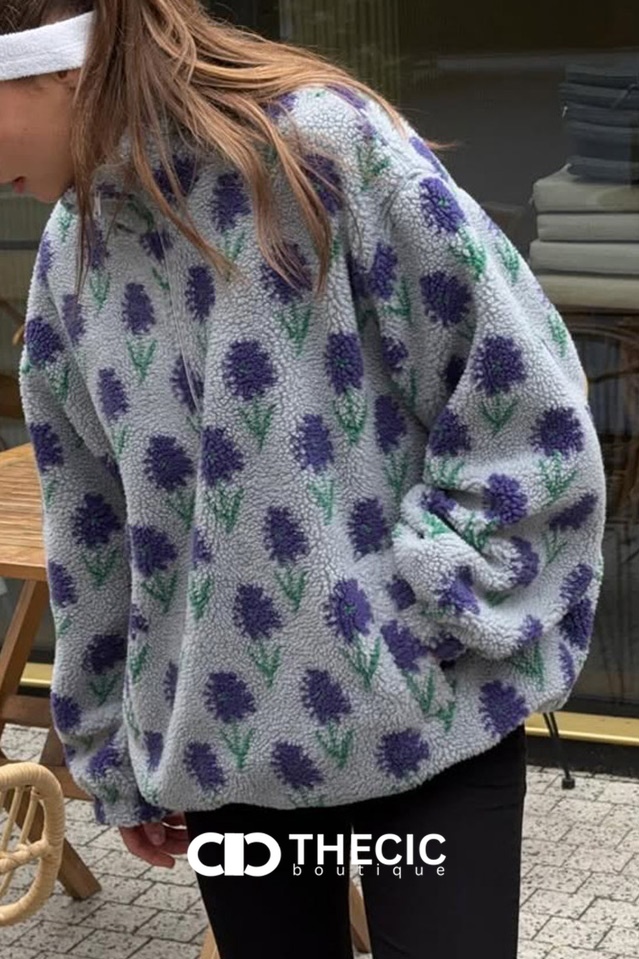 Floral Pattern Half-Zip Fleece Pullover