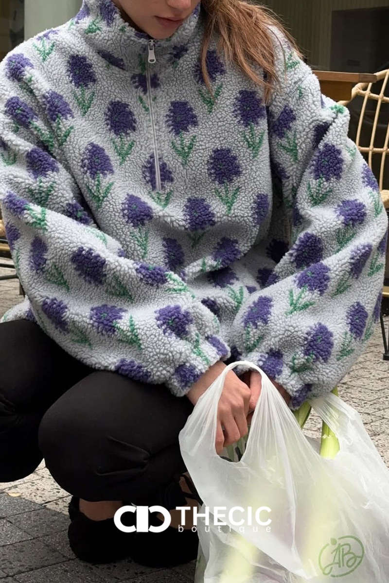 Floral Pattern Half-Zip Fleece Pullover