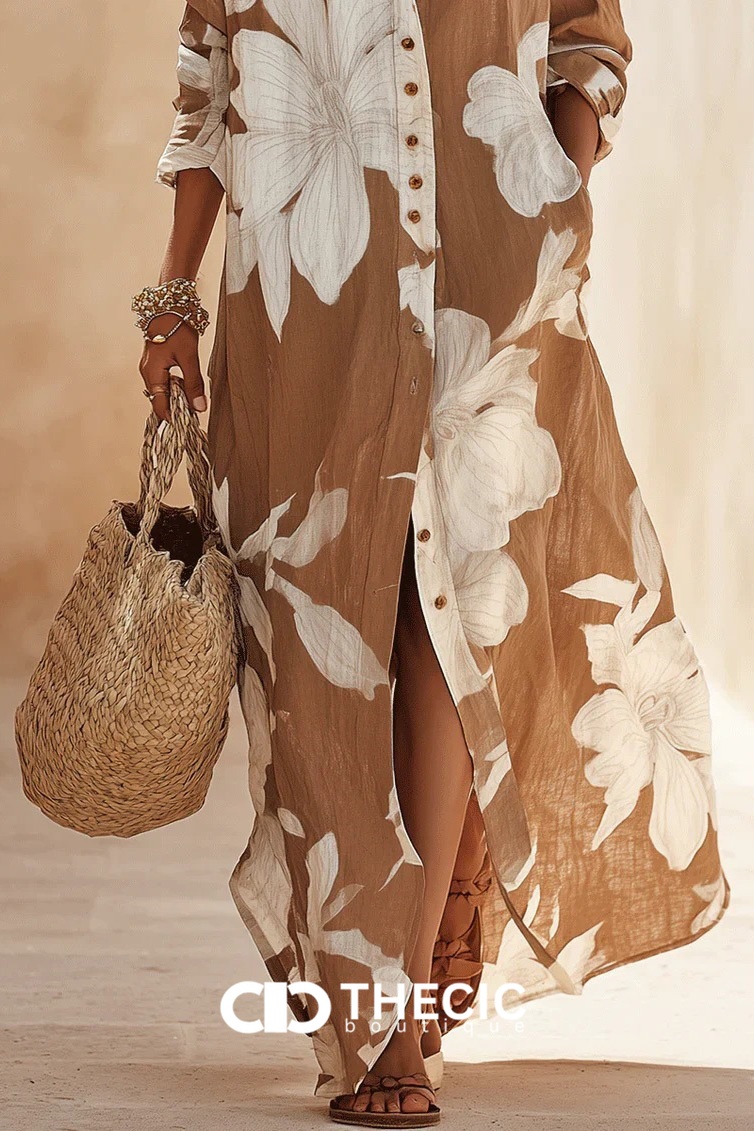 Floral Print Button-Front Kaftan Maxi Dress