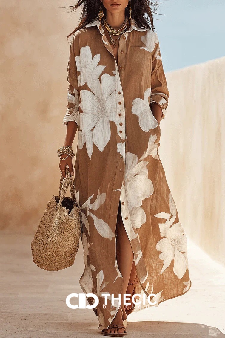 Floral Print Button-Front Kaftan Maxi Dress