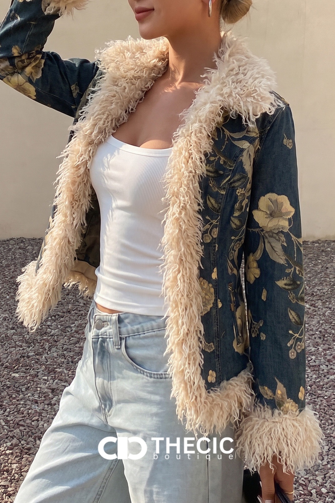 Floral Print Faux Fur Trim Denim Jacket