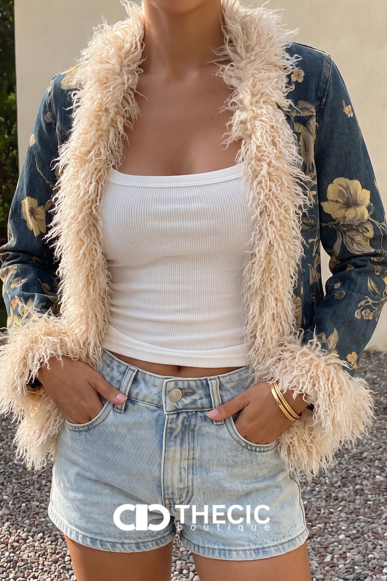 Floral Print Faux Fur Trim Denim Jacket