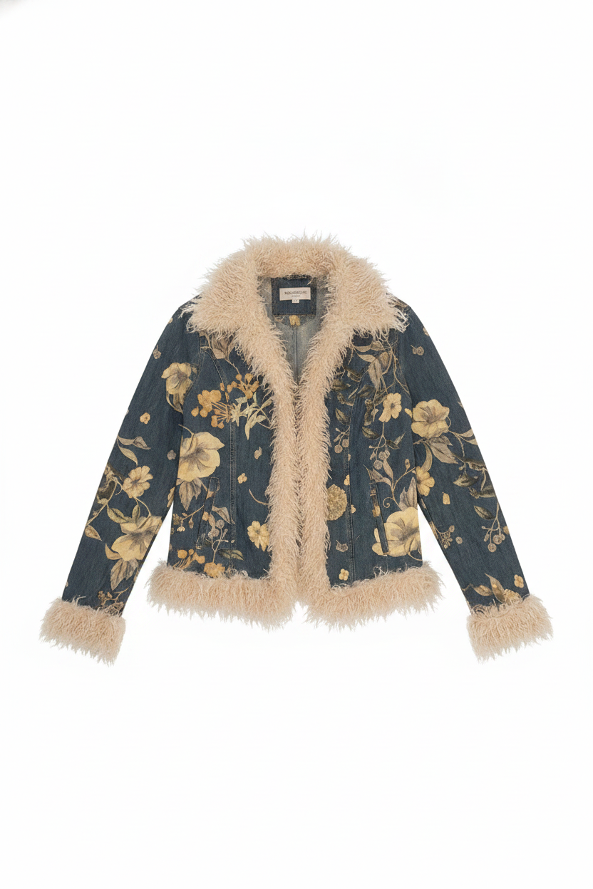 Floral Print Faux Fur Trim Denim Jacket