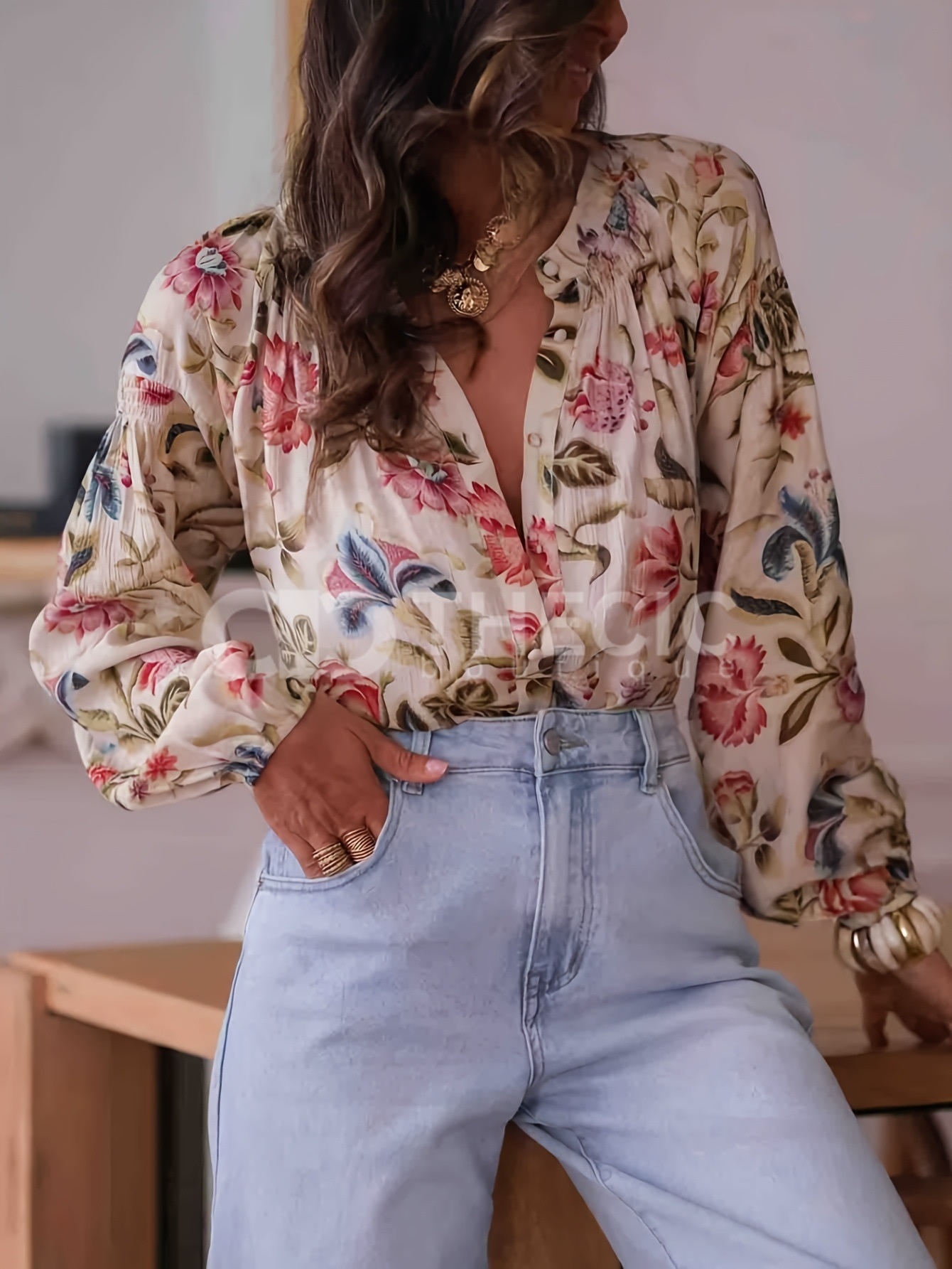 Floral Print Gathered Neckline Relaxed Fit Blouse