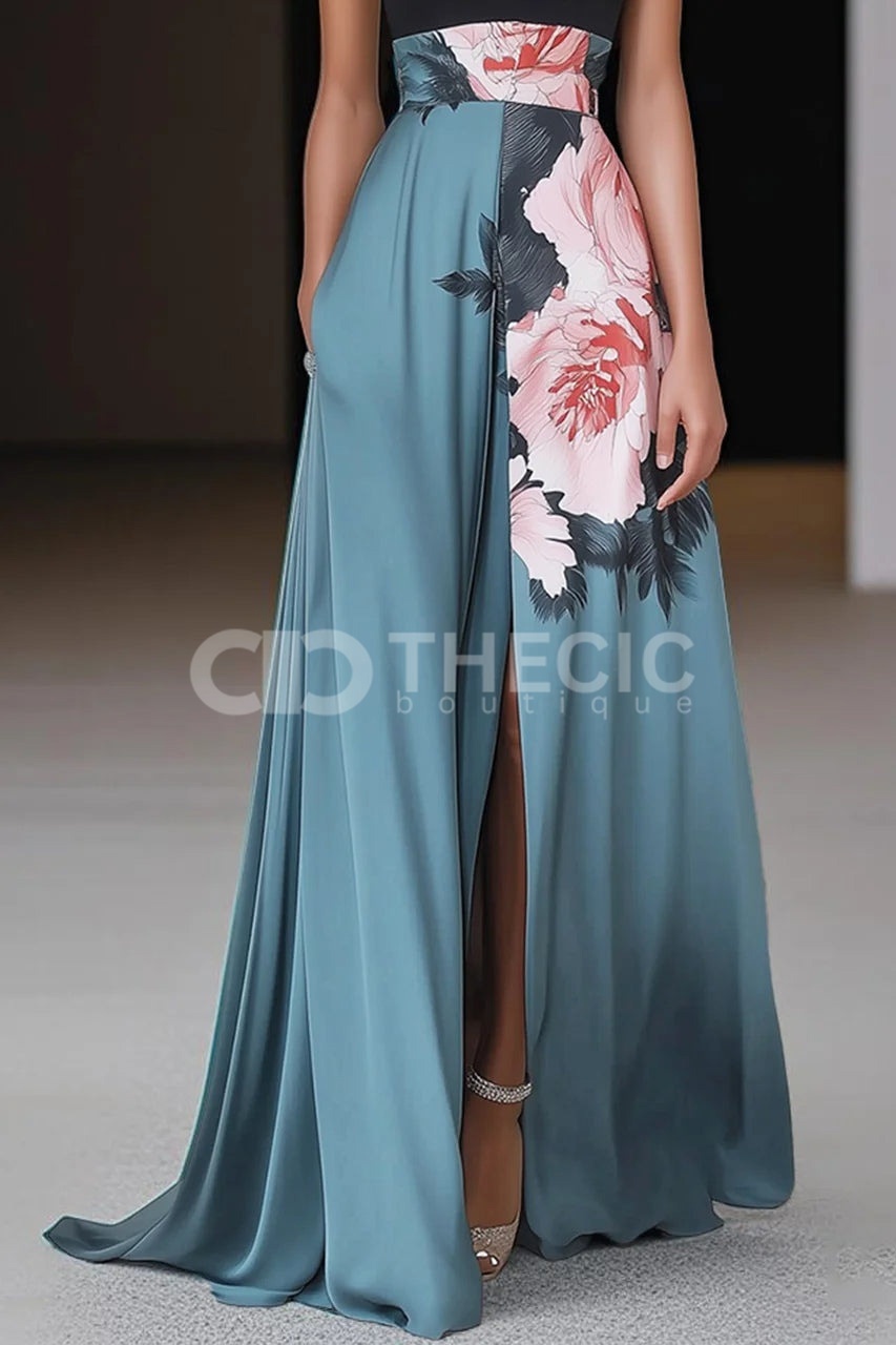 Floral Print Halter Neck Slit Maxi Gown