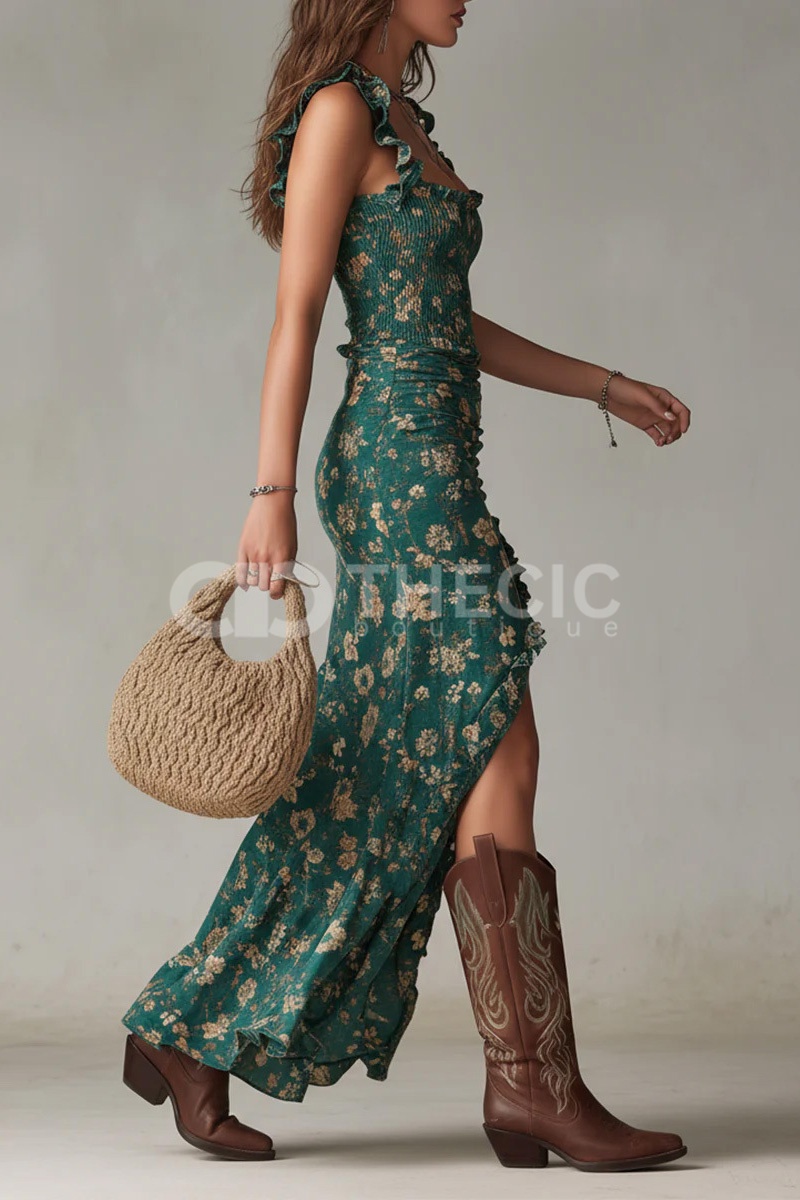 Floral Print Ruffled Strap Smocked Slit Maxi Dress
