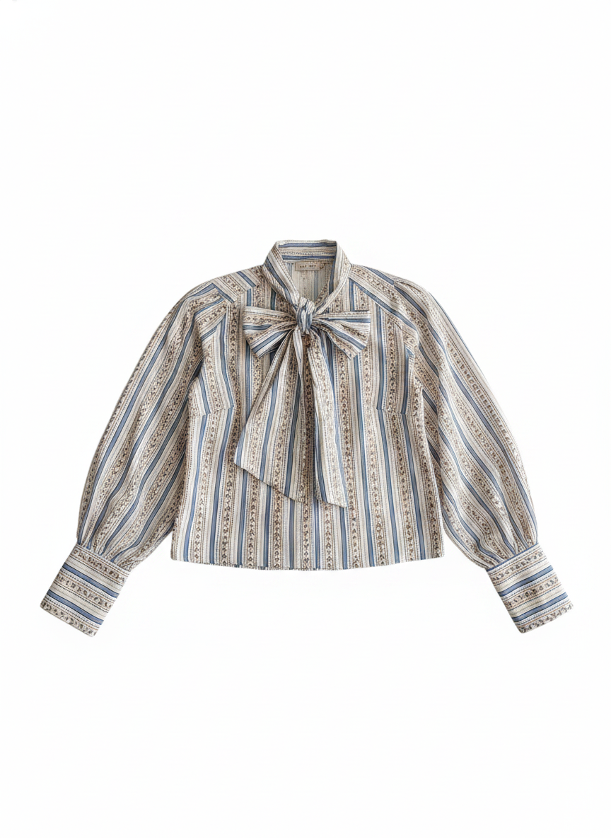 Floral Stripe Bow Tie Puff Sleeve Blouse