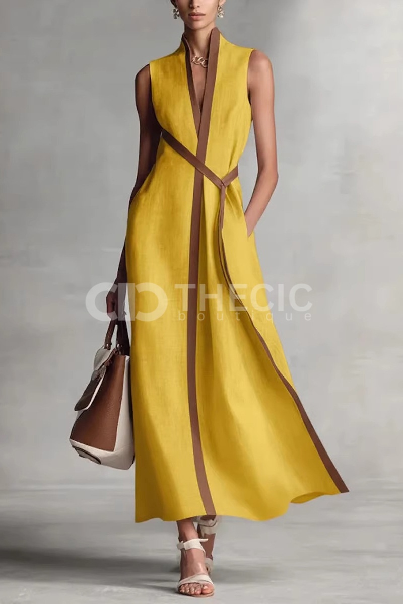 Flowing Contrast Trim Belted Sleeveless Maxi Dress