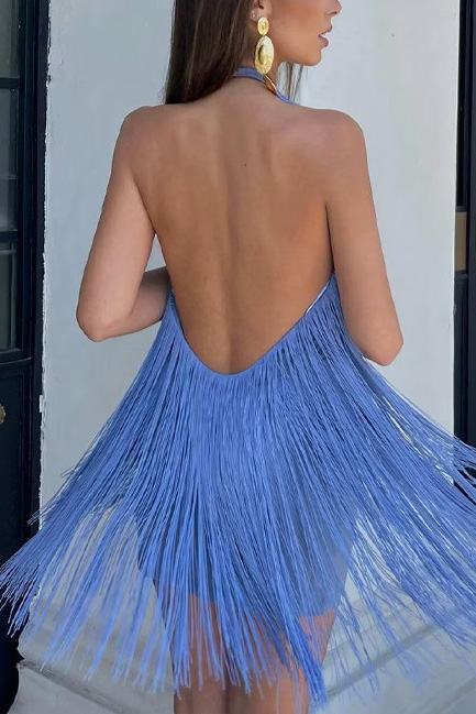 Flowing Fringe Halter Backless Mini Dress