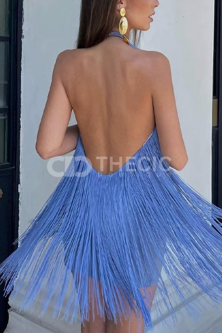 Flowing Fringe Halter Backless Mini Dress