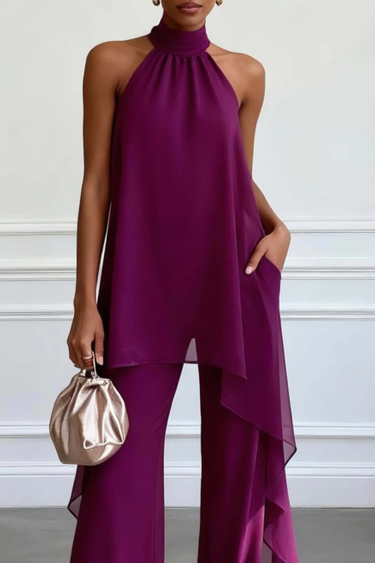 Flowy Halter Asymmetric Hem Wide-Leg Pants Set