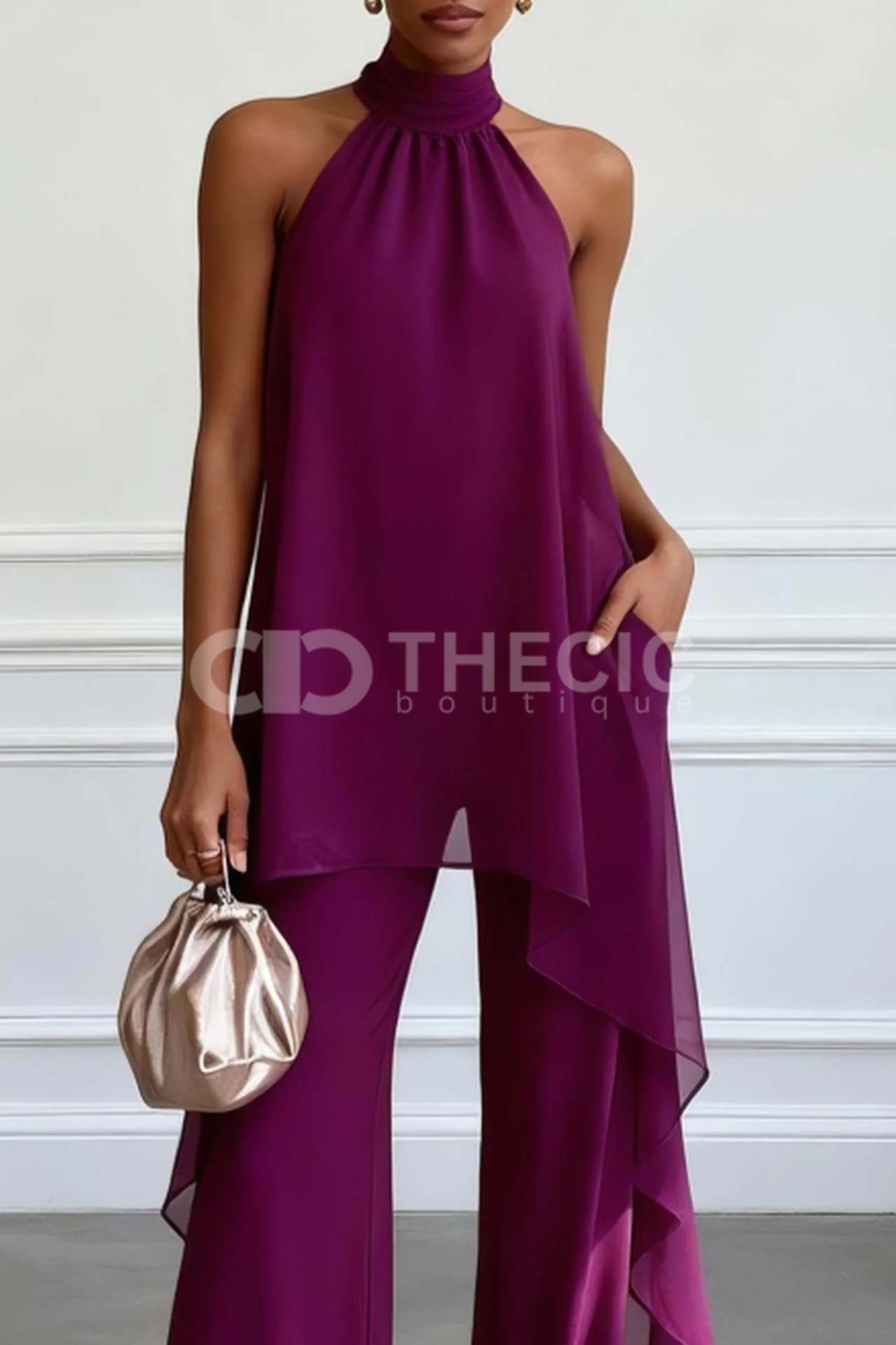 Flowy Halter Asymmetric Hem Wide-Leg Pants Set