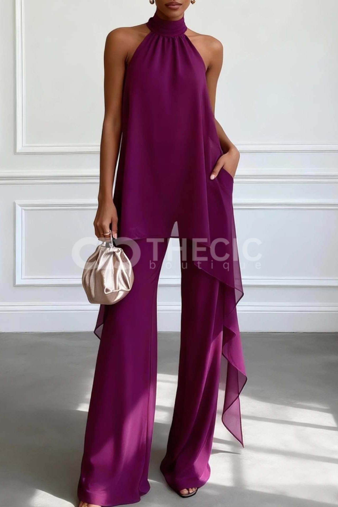 Flowy Halter Asymmetric Hem Wide-Leg Pants Set