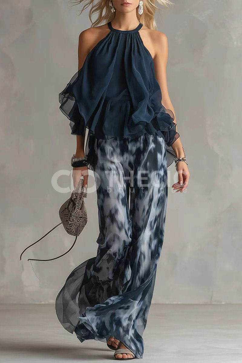 Flowy Halter Ruffled Tie-Dye Wide-Leg Pants Set