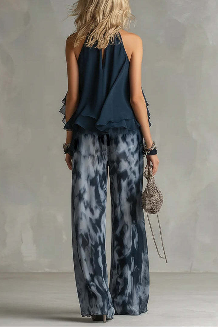Flowy Halter Ruffled Tie-Dye Wide-Leg Pants Set