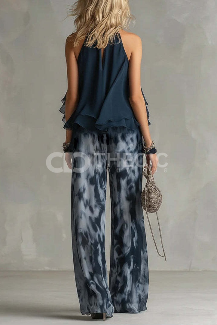 Flowy Halter Ruffled Tie-Dye Wide-Leg Pants Set