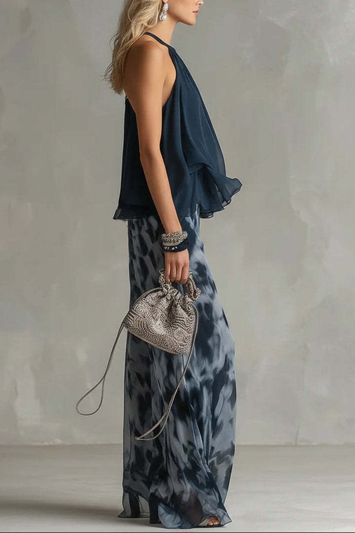 Flowy Halter Ruffled Tie-Dye Wide-Leg Pants Set