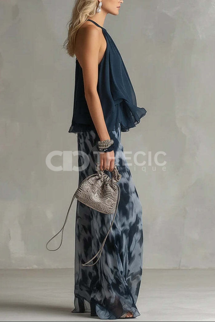 Flowy Halter Ruffled Tie-Dye Wide-Leg Pants Set