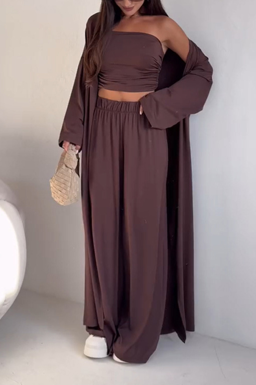 Flowy Knit Bandeau Wide-Leg Three-Piece Set