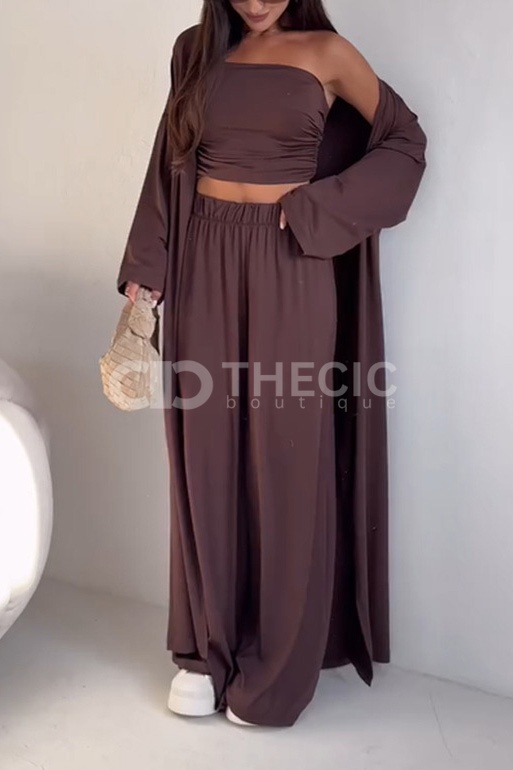 Flowy Knit Bandeau Wide-Leg Three-Piece Set