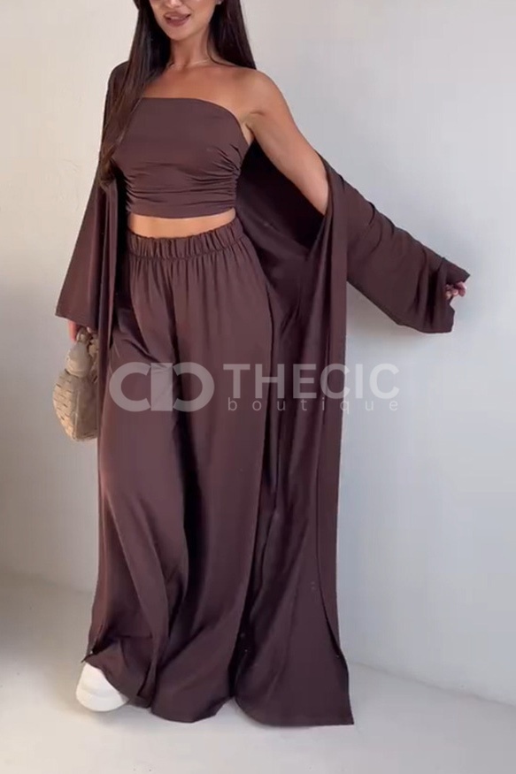 Flowy Knit Bandeau Wide-Leg Three-Piece Set