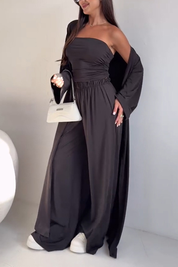 Flowy Knit Bandeau Wide-Leg Three-Piece Set