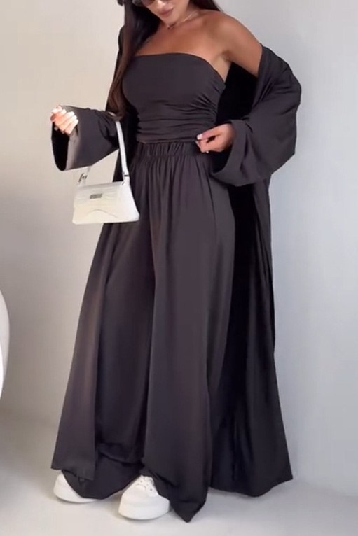 Flowy Knit Bandeau Wide-Leg Three-Piece Set