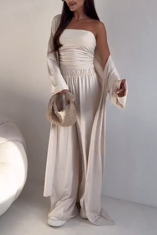 Flowy Knit Bandeau Wide-Leg Three-Piece Set