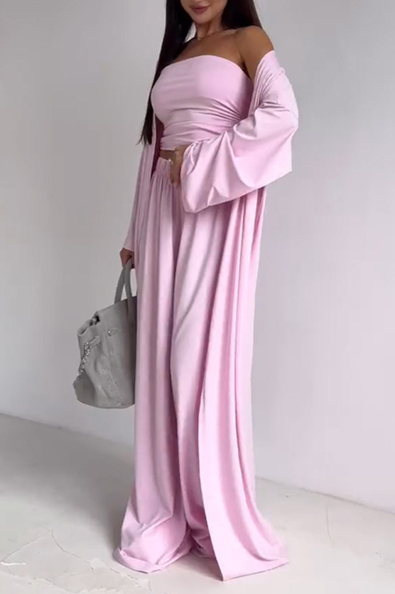 Flowy Knit Bandeau Wide-Leg Three-Piece Set