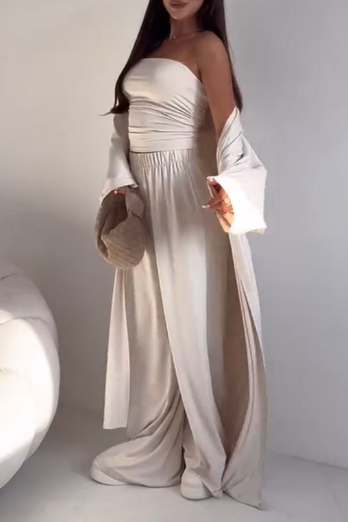 Flowy Knit Bandeau Wide-Leg Three-Piece Set