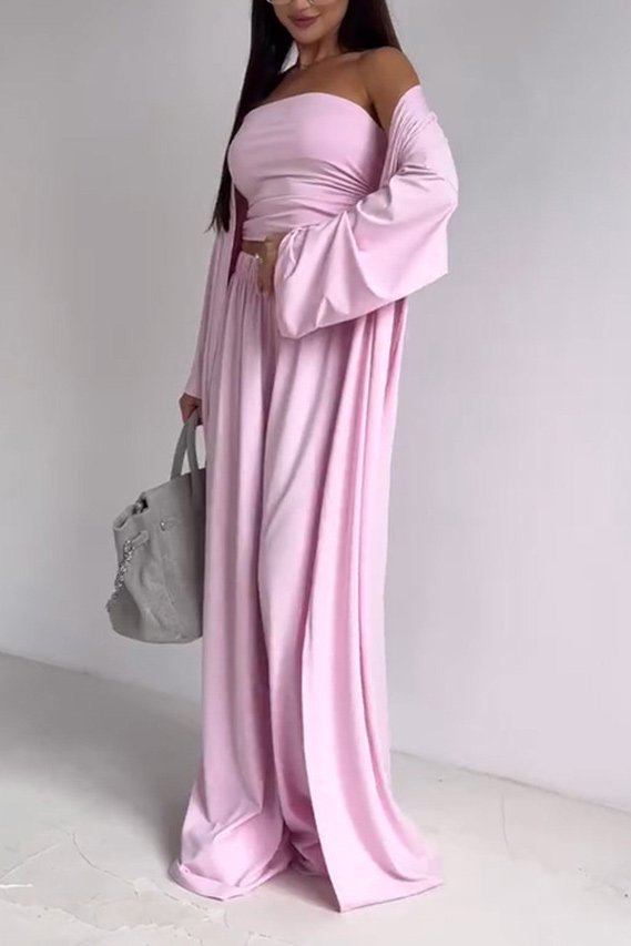 Flowy Knit Bandeau Wide-Leg Three-Piece Set
