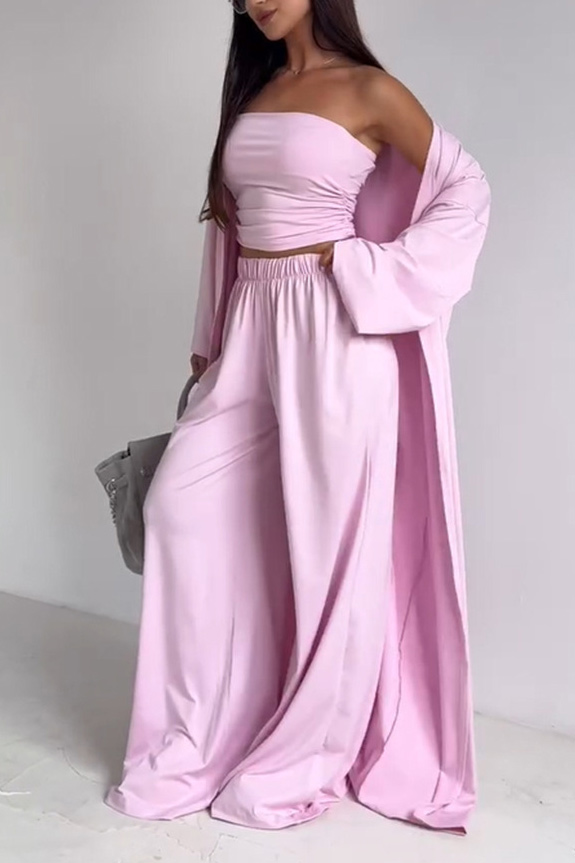 Flowy Knit Bandeau Wide-Leg Three-Piece Set