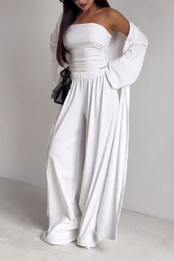 Flowy Knit Bandeau Wide-Leg Three-Piece Set
