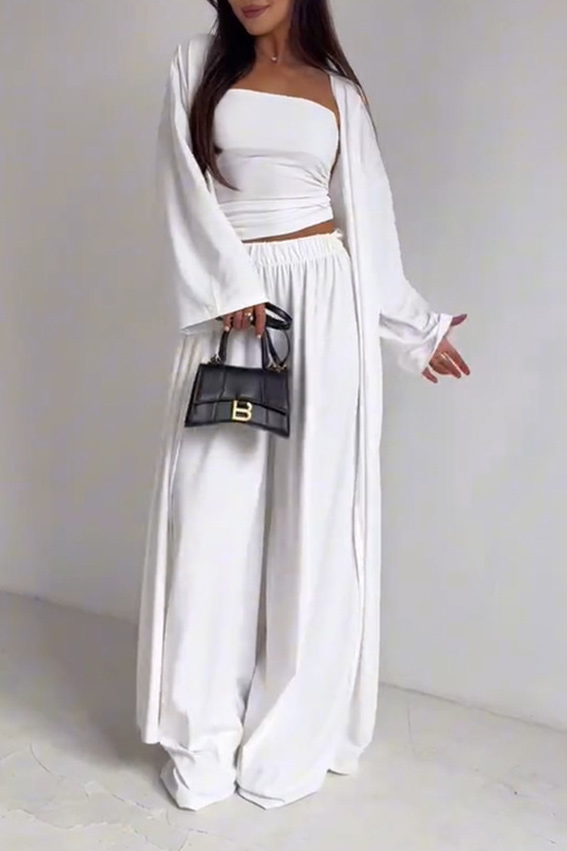 Flowy Knit Bandeau Wide-Leg Three-Piece Set