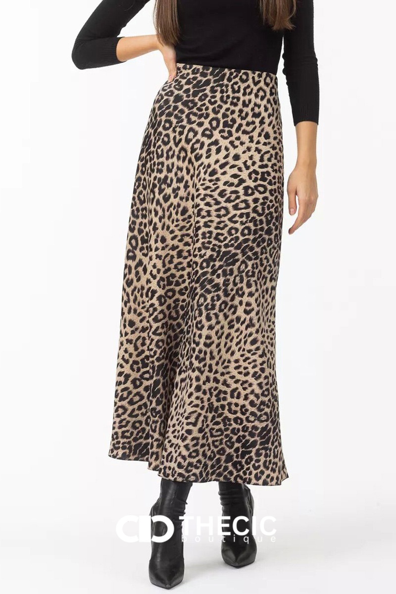 Flowy Leopard Print A-Line Midi Skirt