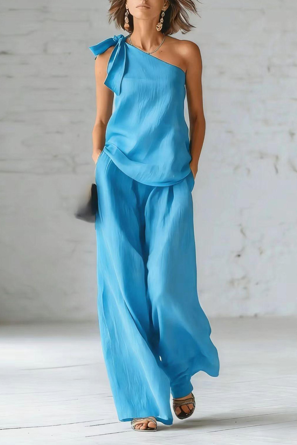 Resort Two Piece Set | Flowy Linen-Blend One-Shoulder Bow Wide-Leg Set | Summer Vacation Outfit