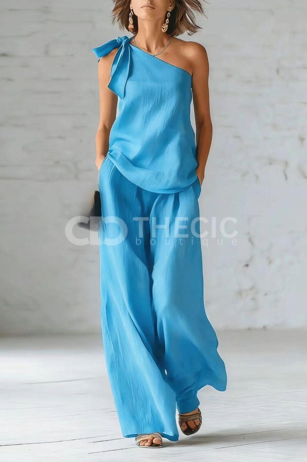 Flowy Linen-Blend One-Shoulder Bow Wide-Leg Set