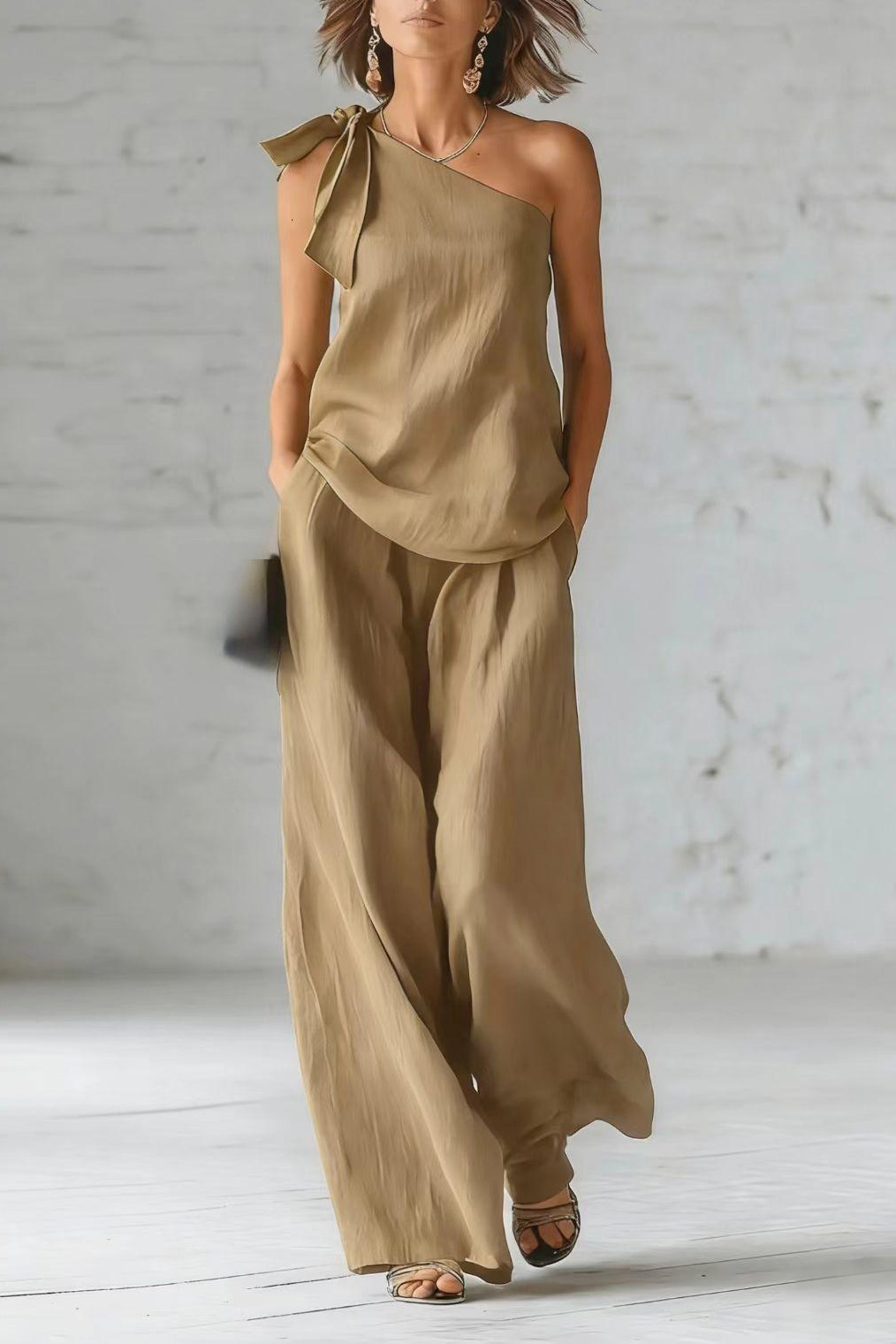 Resort Two Piece Set | Flowy Linen-Blend One-Shoulder Bow Wide-Leg Set | Summer Vacation Outfit