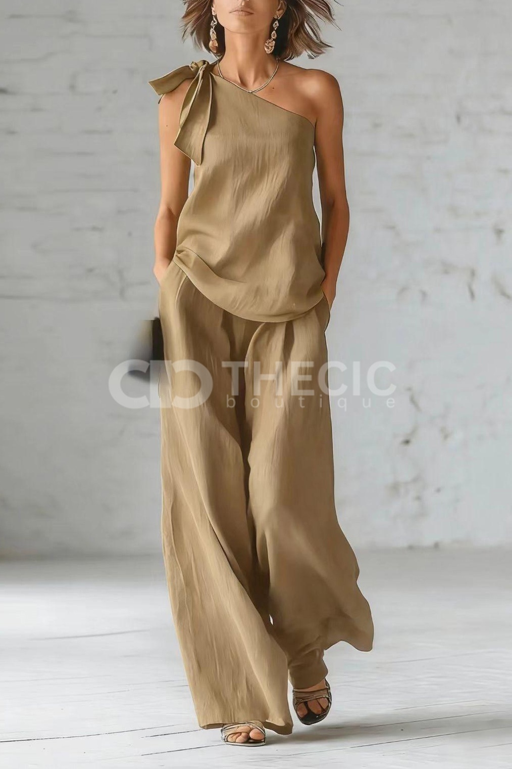 Flowy Linen-Blend One-Shoulder Bow Wide-Leg Set