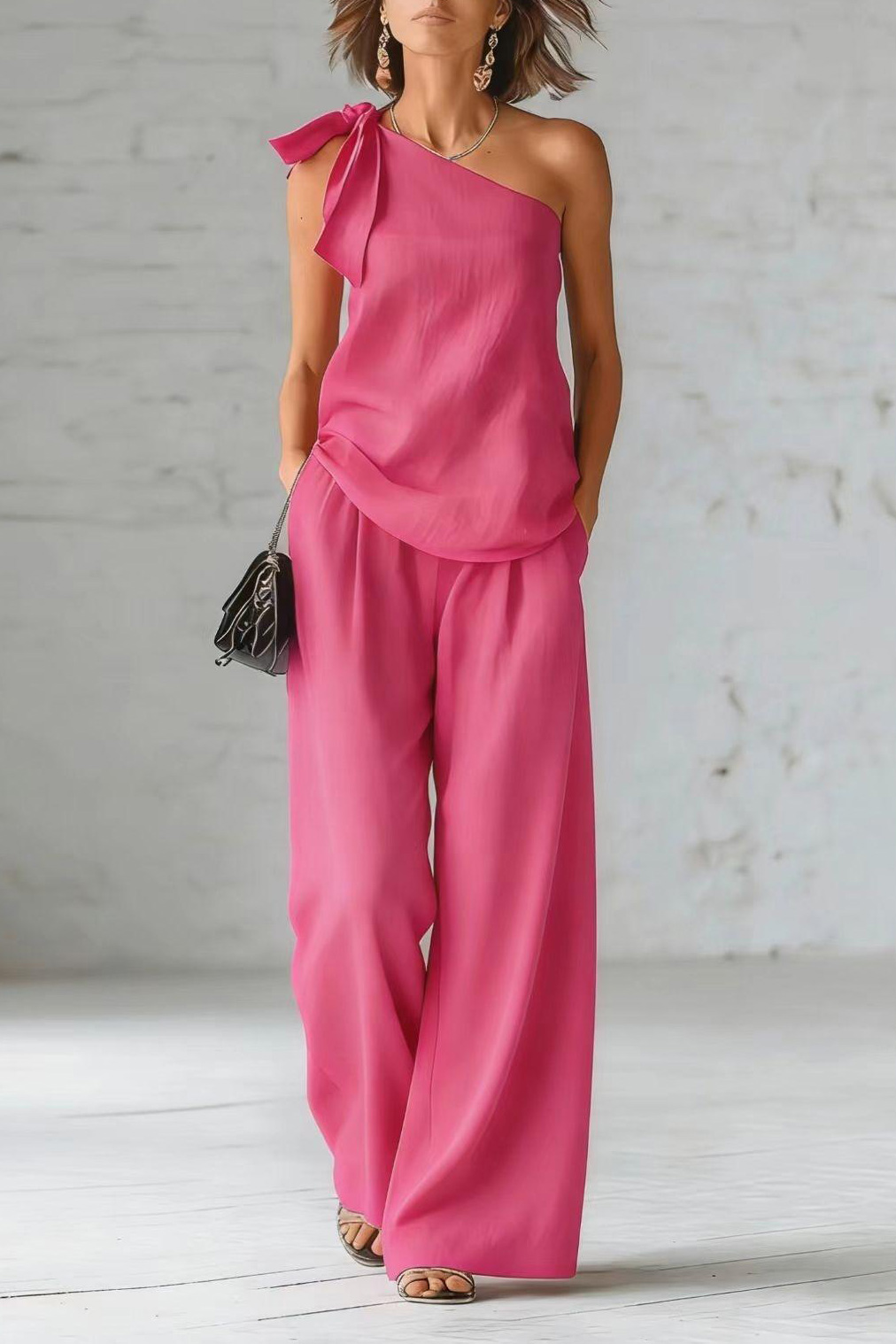 Resort Two Piece Set | Flowy Linen-Blend One-Shoulder Bow Wide-Leg Set | Summer Vacation Outfit